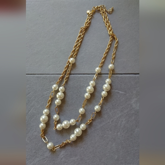 J. Crew Layered double strand faux pearl and gold tone Chain link necklace - Picture 5 of 8